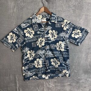 Vintage Howie Hawaiian Shirt Blue Hibiscus Floral Made in Hawaii Size L